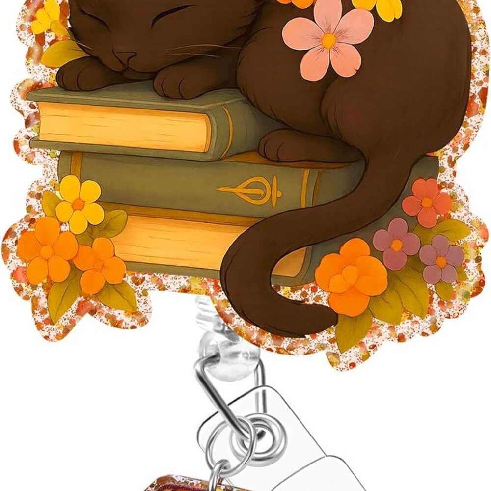 Badge Reel Holder Clip - Cute Book Cat Autumn Flower Retractable ID Name Card Ba